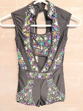 Black Jeweled Unitard with Multicolor Gem Embellishment